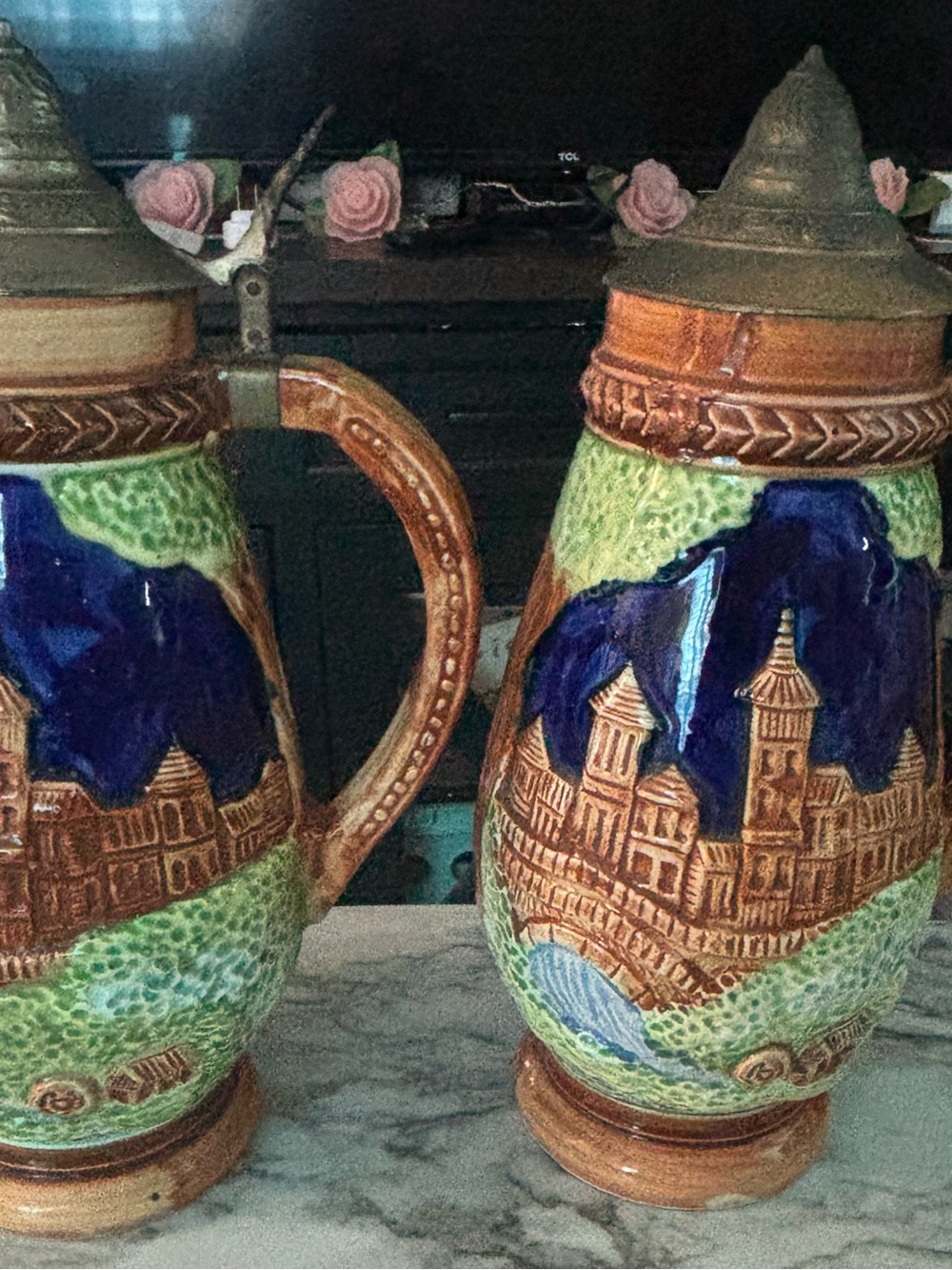 Beautiful Matching Pair of Vintage German-Style Lidded Beer Steins